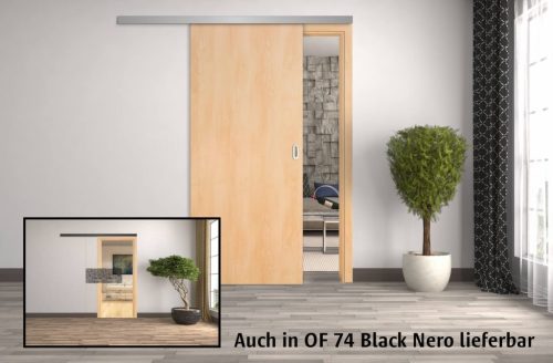 Holz Schiebetür vor der Wand laufend + Slide-On + Holzzarge + OF 74 Black Nero